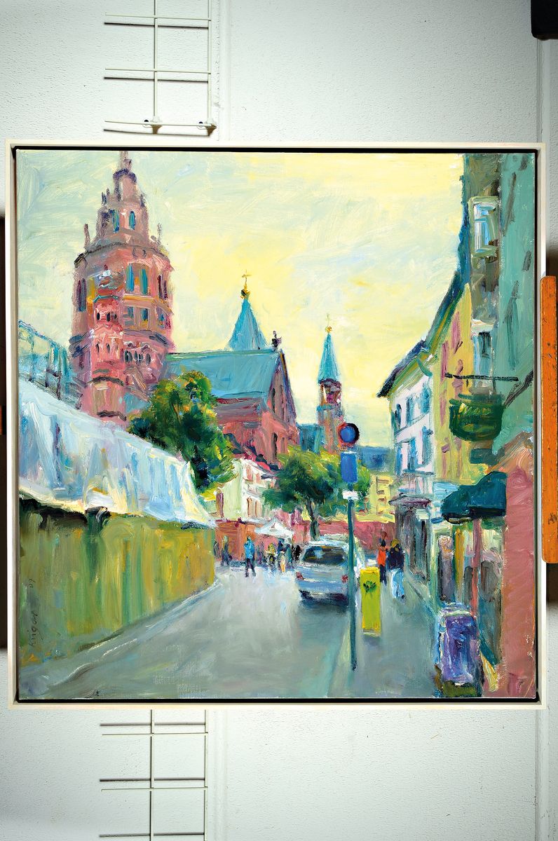 André Krigar, 1952 Berlin, Ansicht von Mainz mit Blick auf den Dom, "Johannisstraße", Öl/Lwd, signiert, 95x90 cm, Rahmen