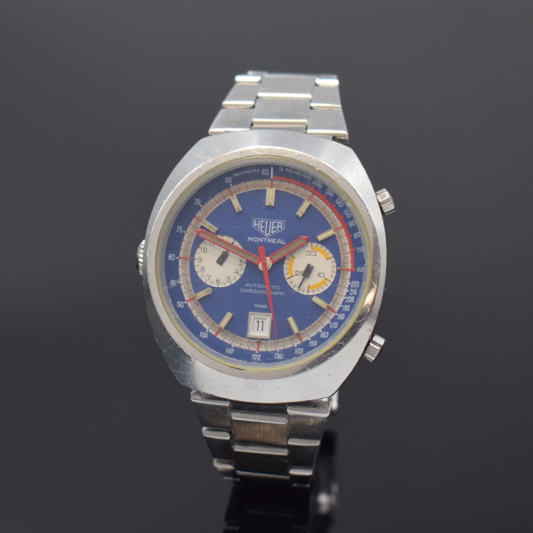 HEUER LEONIDAS S.A. Armbandchronograph Modell MONTREAL Referenz 110.503, Schweiz um 1970, Automatik, Edelstahlgeh. inkl. Gliederband mit Faltschl., ...