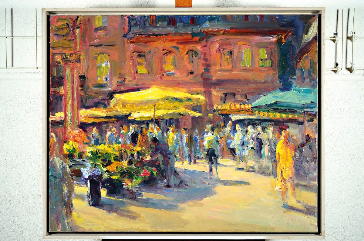 André Krigar, 1952 Berlin "Markt am Samstag", große Marktszene in Mainz, von 2012, signiert, Öl/Lwd, ca. 65 x 80 cm