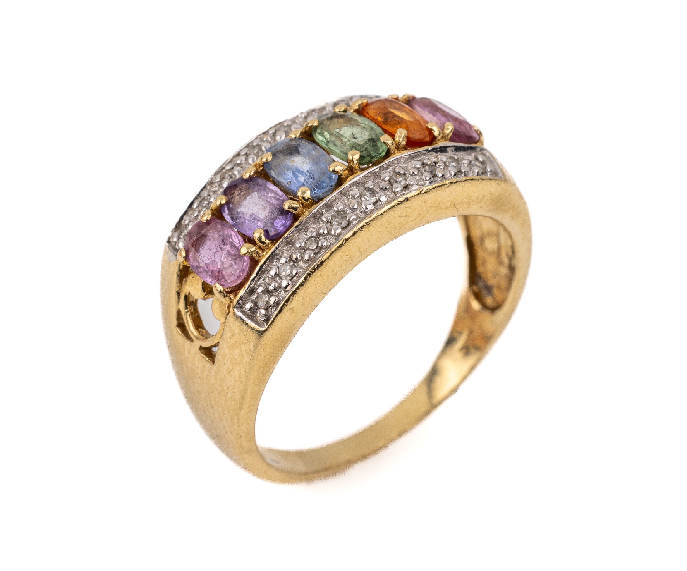 14 kt Gold Farbstein-Diamant-Ring, GG 585/000, 6 ovalfacett. Farbsteine, u.a. Citrin, Amethyst, Peridot und Aquamarin, zus. ca. 1.80 ct, 18 ...