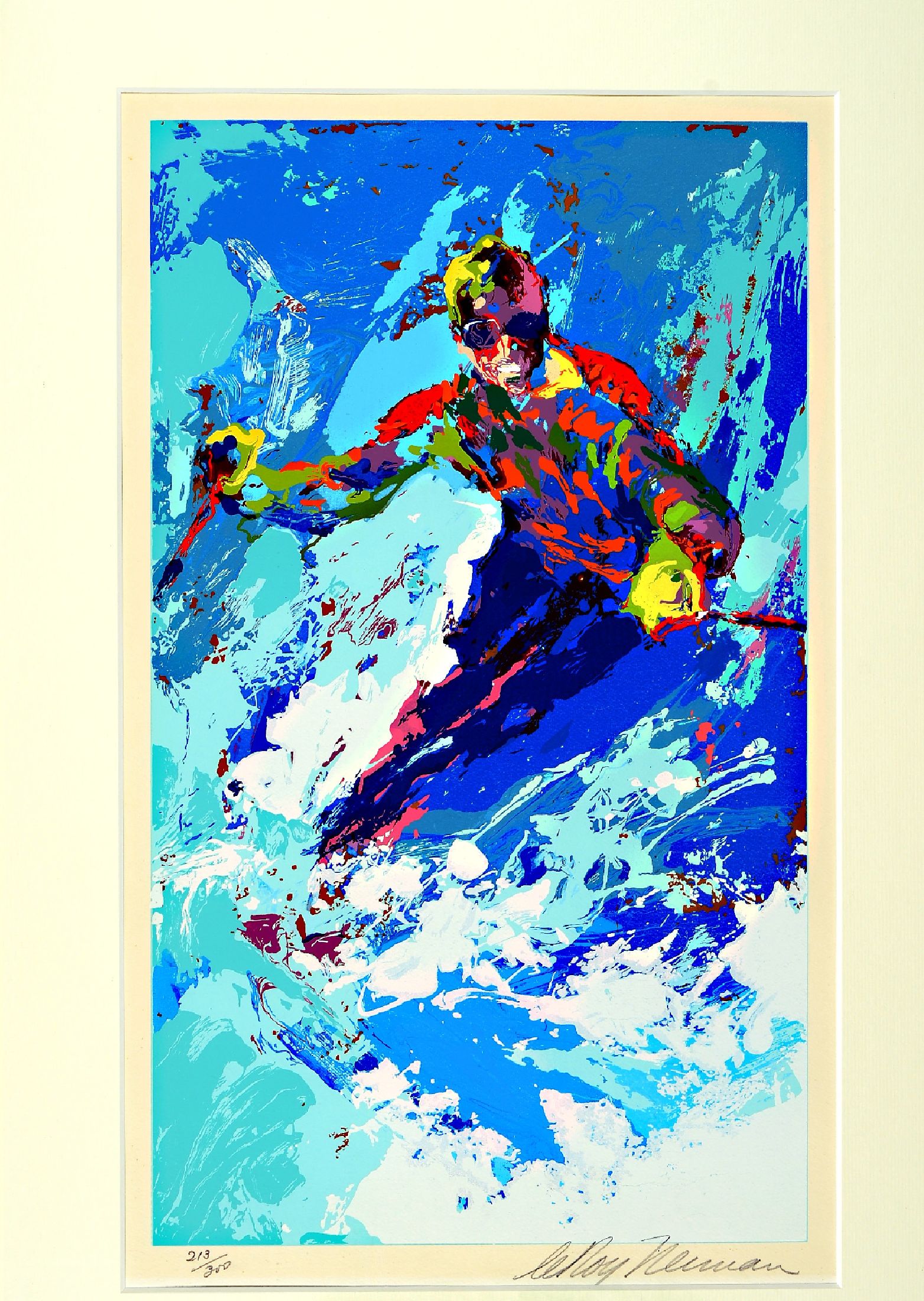LeRoy Neiman, Serigraphie, Skifahrer, num.213/300, handsigniert, Abb. 50 x 29 cm, unter Glas, Rahmen, ca. 73.5 x 50.5 cm, aufwendige Galerierahmung