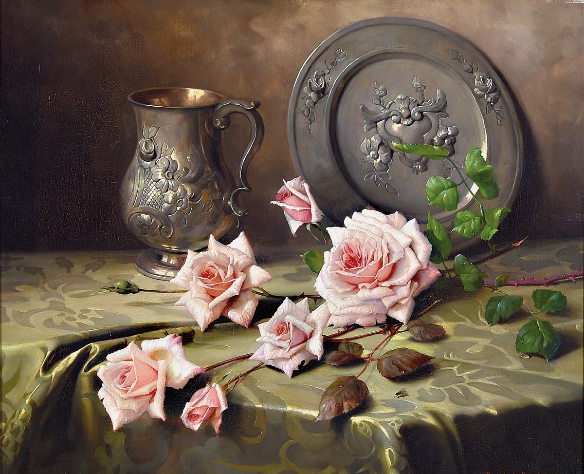Pascal de Beucker, Stillleben mit Rosen und Gefäßen, Öl/Lwd, signiert, l. rest., min. Altersspuren, Prachtrahmen, ca. 48 x, 56 cm/ 73 x 82 cm