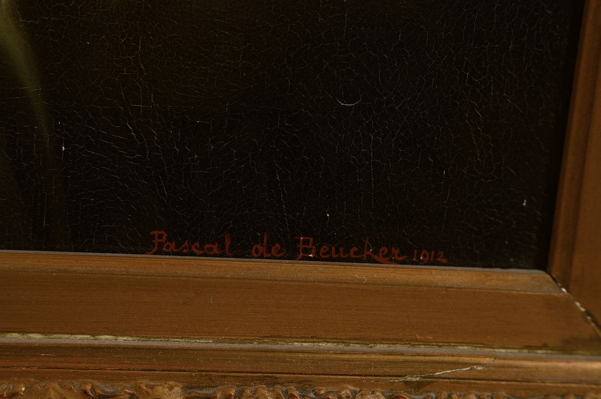 Detail a: Pascal de Beucker, Stillleben mit Rosen und Gefäßen, Öl/Lwd, signiert, l. rest., min. Altersspuren, Prachtrahmen, ca. 48 x, 56 cm/ 73 x 82 cm