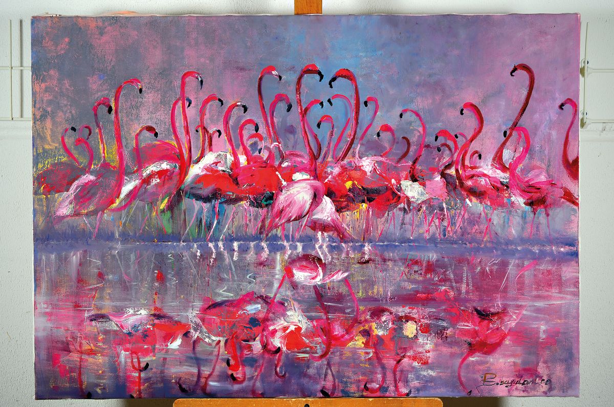 Parinaz Bajalanlou, geb. 1985, zeitgenössischeiranische Künstlerin, Flamingos, Öl auf Lwd,rechts unten signiert, 70x100 cm; die Künstlerin lebt ...