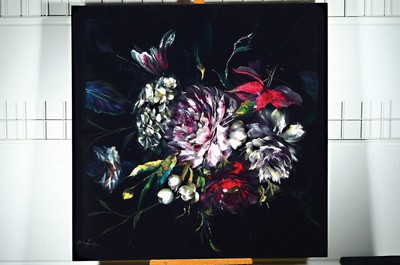 Image 26702463 - Parinaz Bajalanlou, born 1985, contemporary Iranian artist, flower still life with peony, oil on black velvet, approx. 126x125 cm, fine detailed painting that gains in plasticity dueto the background; Artist lives and works in Turkey