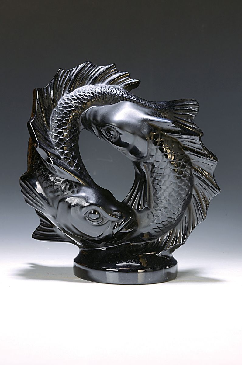Große Glasskulptur, Lalique Paris, deux Poissons, schwarzes Formglas, signiert, mit Etikett, H. ca. 29.5 cm