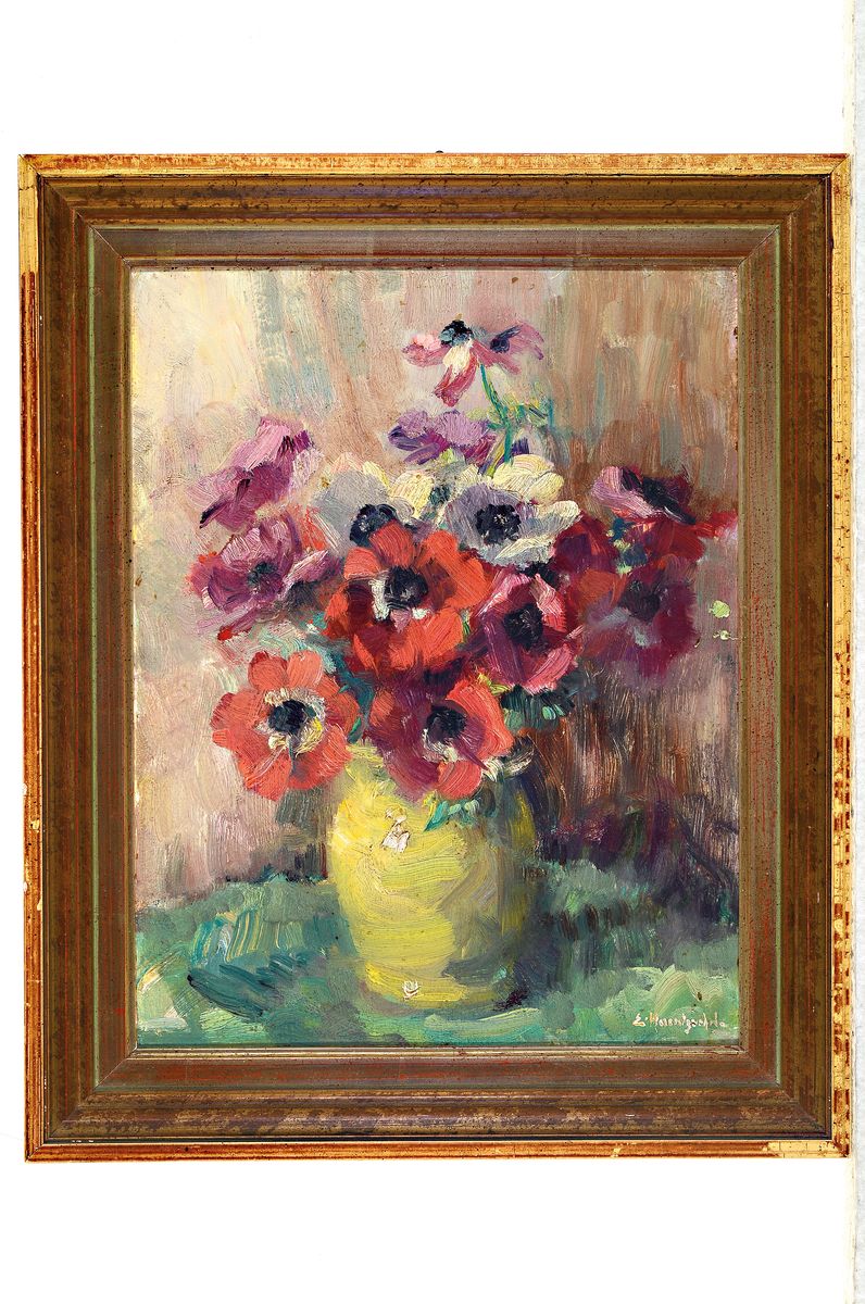 Detail k: Unbekannter Künstler, deutsch, um 1930, Blumenstillleben in gelber Vase, Öl/Malkarton,rechts unten unleserlich signiert, ca. 35x27 cm, R. ca. ...