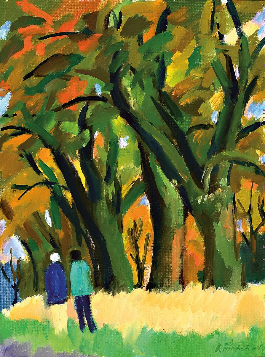 Heinz Friedrich, 1924-2018 Schwetzingen, Der Spaziergang, Öl/Malkarton, rechts unten signiert und dat. 01, ca. 42x32cm, R. ca. 64x54cm, ehem. ...