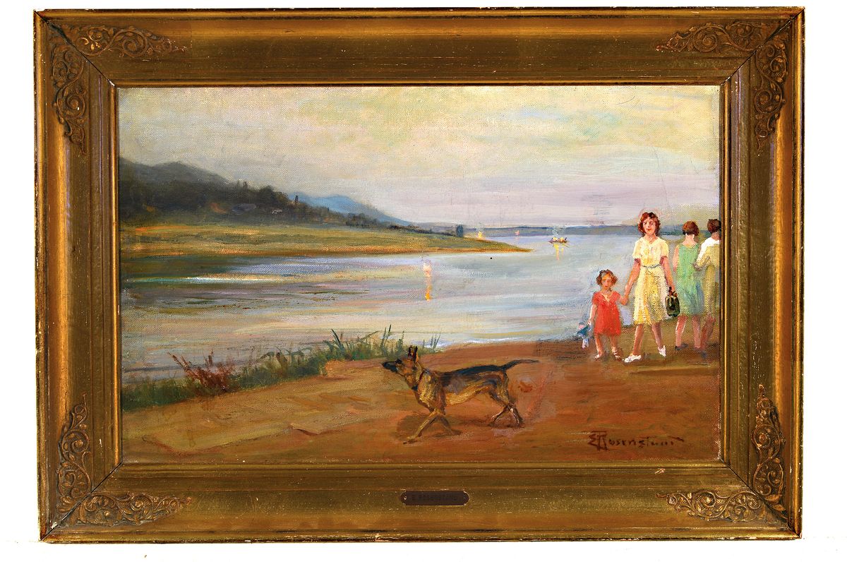 Detail k: Emil Christian Rosenstand, 1859 Ansumgaard- 1932 Dresden, Spaziergänger mit Hund am Ufer, Öl/Lwd, rechts unten sign., ca. 34x53cm, Rahmen mit ...