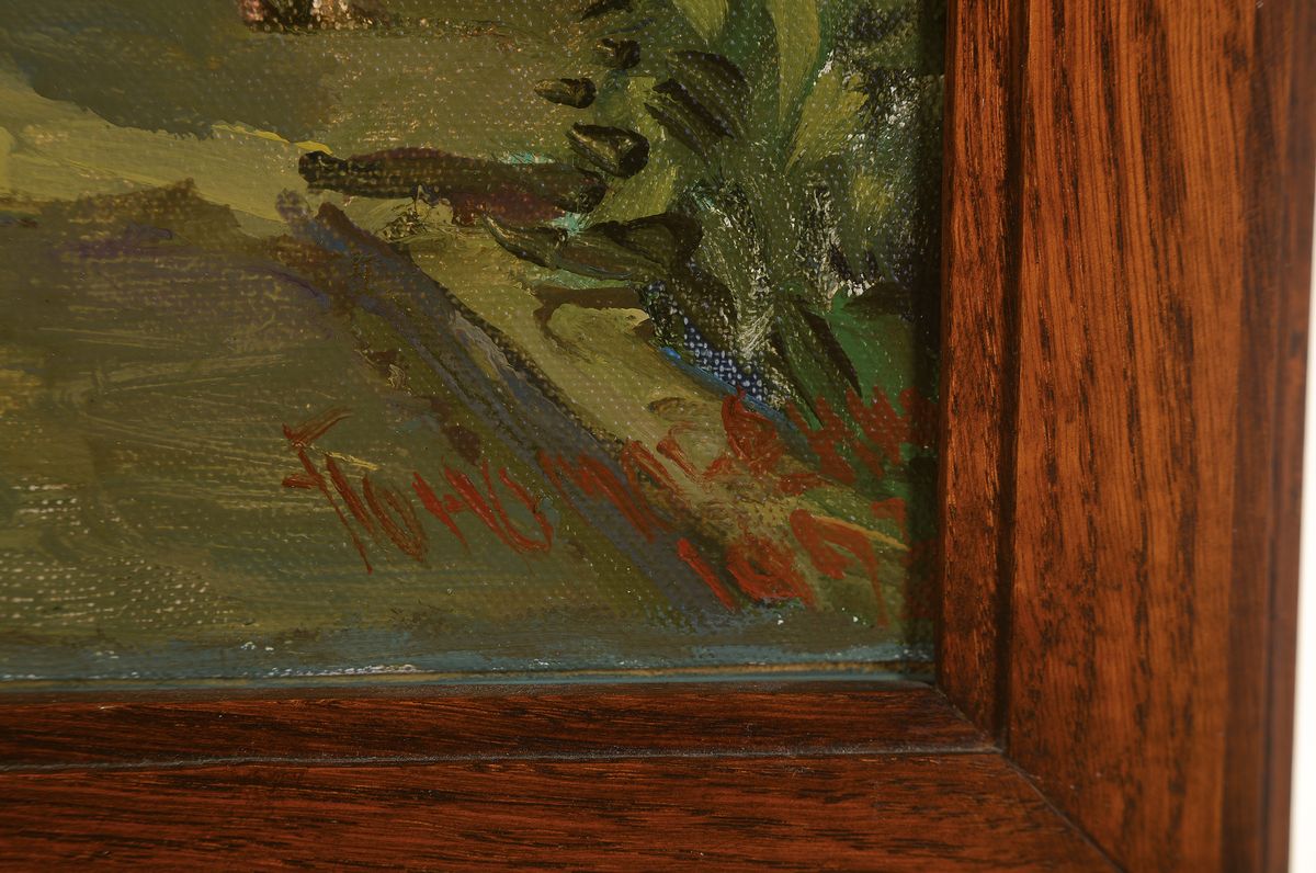 Detail a: Unbekannter Künstler des 20. Jh., vielfigurige Szene eines Straßencafés am Bodensee, Öl/LWd, rechts unten unleserlich signiert, ca. 60x70cm, R. ...