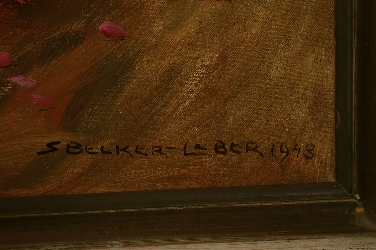 Detail a: Sophia Becker-Leber, 1869-1952, Stillleben mit Buschrosen in Messinggefäß, Öl/Lwd, rechts unten signiert und dat. 1943, ca. 80x100cm, R. ca. ...