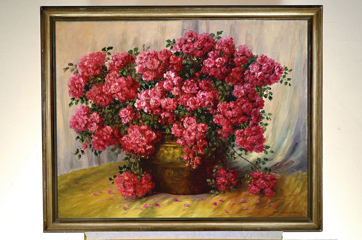 Detail k: Sophia Becker-Leber, 1869-1952, Stillleben mit Buschrosen in Messinggefäß, Öl/Lwd, rechts unten signiert und dat. 1943, ca. 80x100cm, R. ca. ...