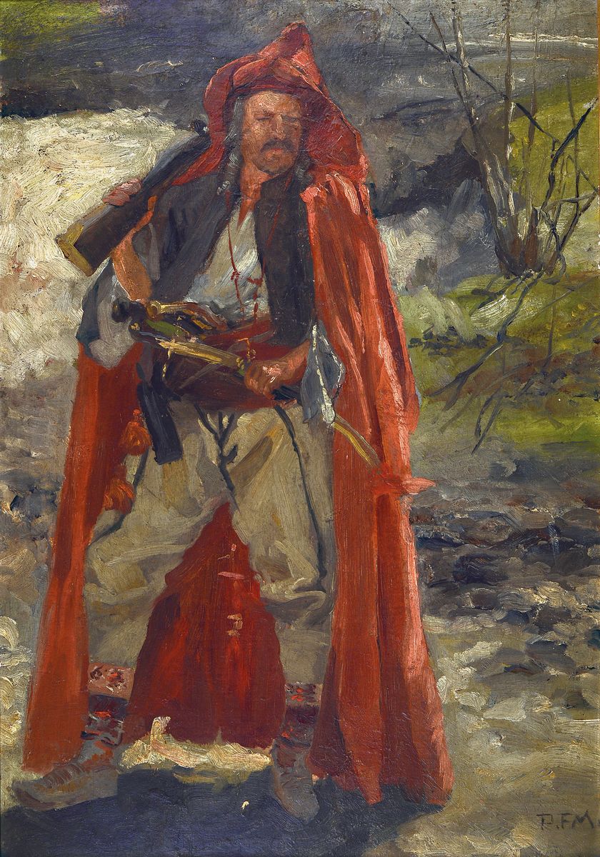 Pius Ferdinand Messerschmitt, 1858 Bamberg - 1915 München, Straßenräuber mit Dolch und rotem Umhang, rückseitig zwei Pferdeskizzen, rechts unten ...