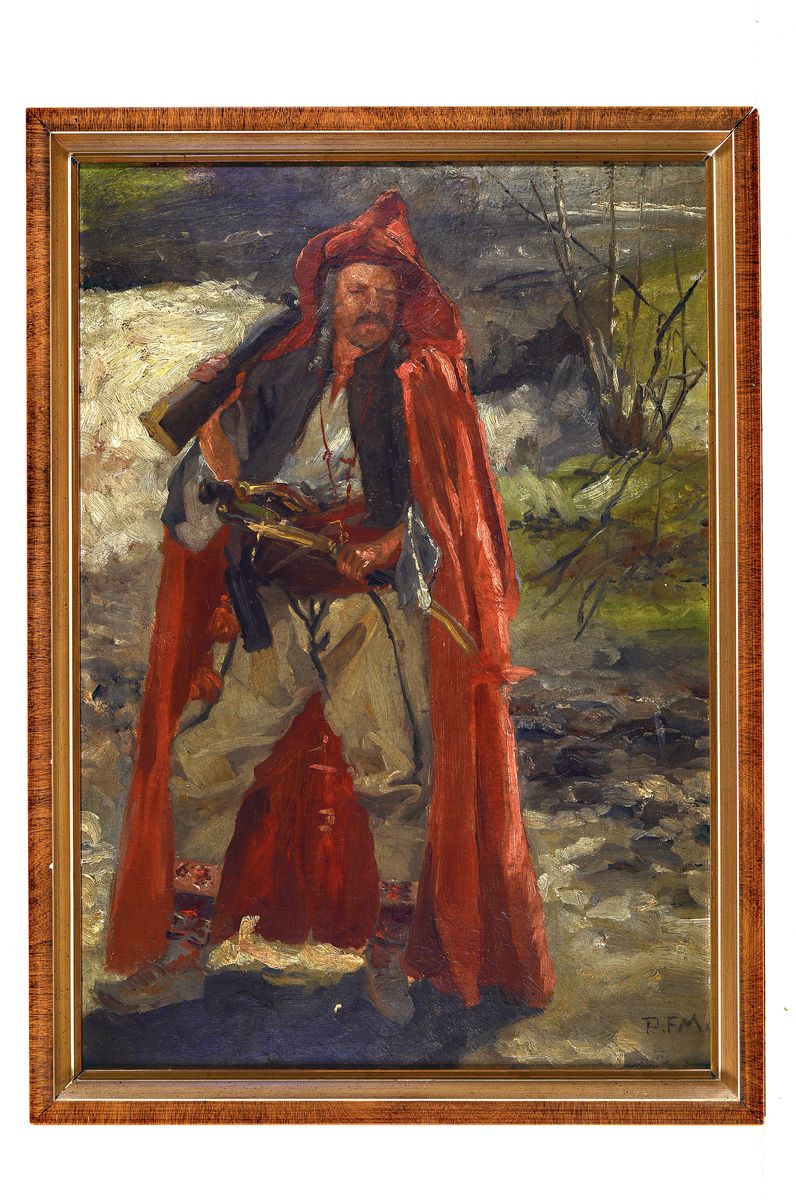 Detail k: Pius Ferdinand Messerschmitt, 1858 Bamberg - 1915 München, Straßenräuber mit Dolch und rotem Umhang, rückseitig zwei Pferdeskizzen, rechts unten ...