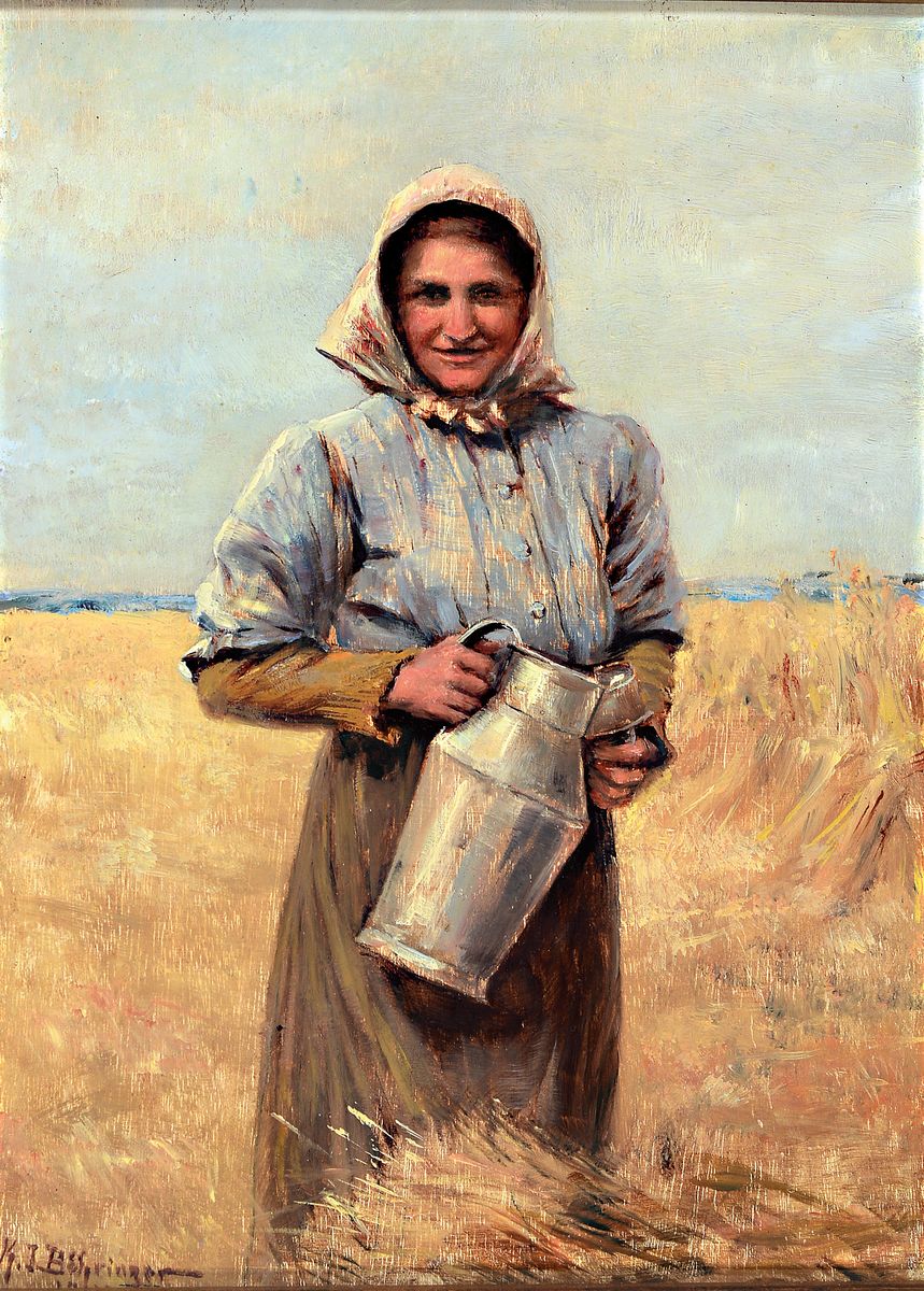 Konrad Immanuel Böhringer, 1863 Grimma - 1940 Dresden, Bäuerin mit Milchkanne im Weizenfeld, gekonnte Charakterisierung des bäuerlichen ...