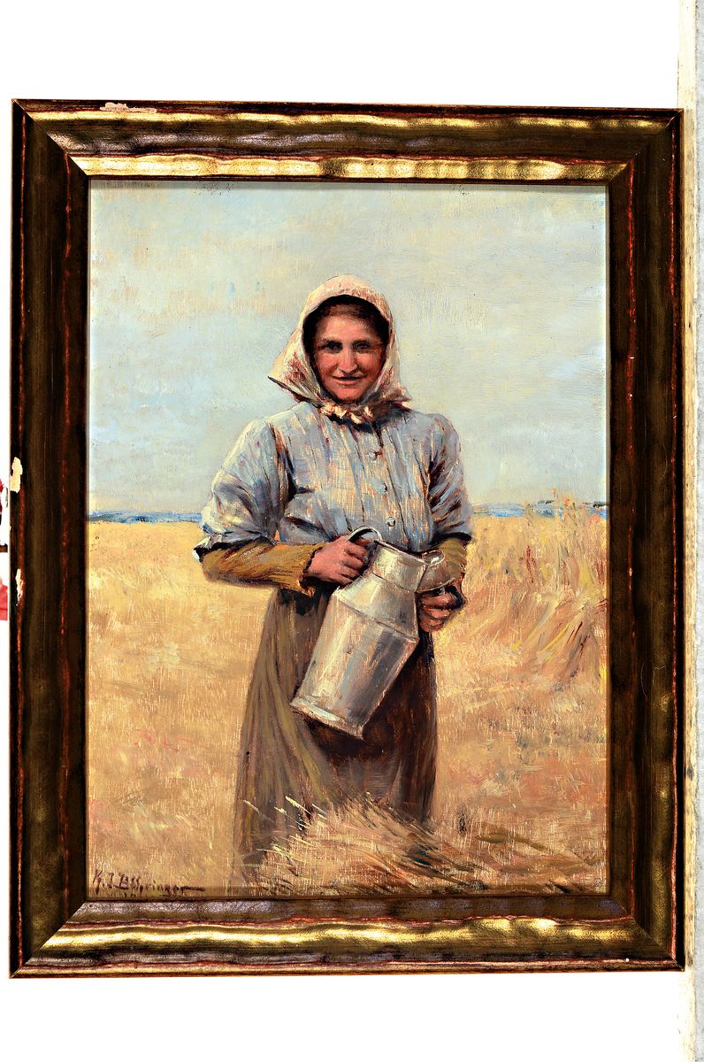Detail k: Konrad Immanuel Böhringer, 1863 Grimma - 1940 Dresden, Bäuerin mit Milchkanne im Weizenfeld, gekonnte Charakterisierung des bäuerlichen ...