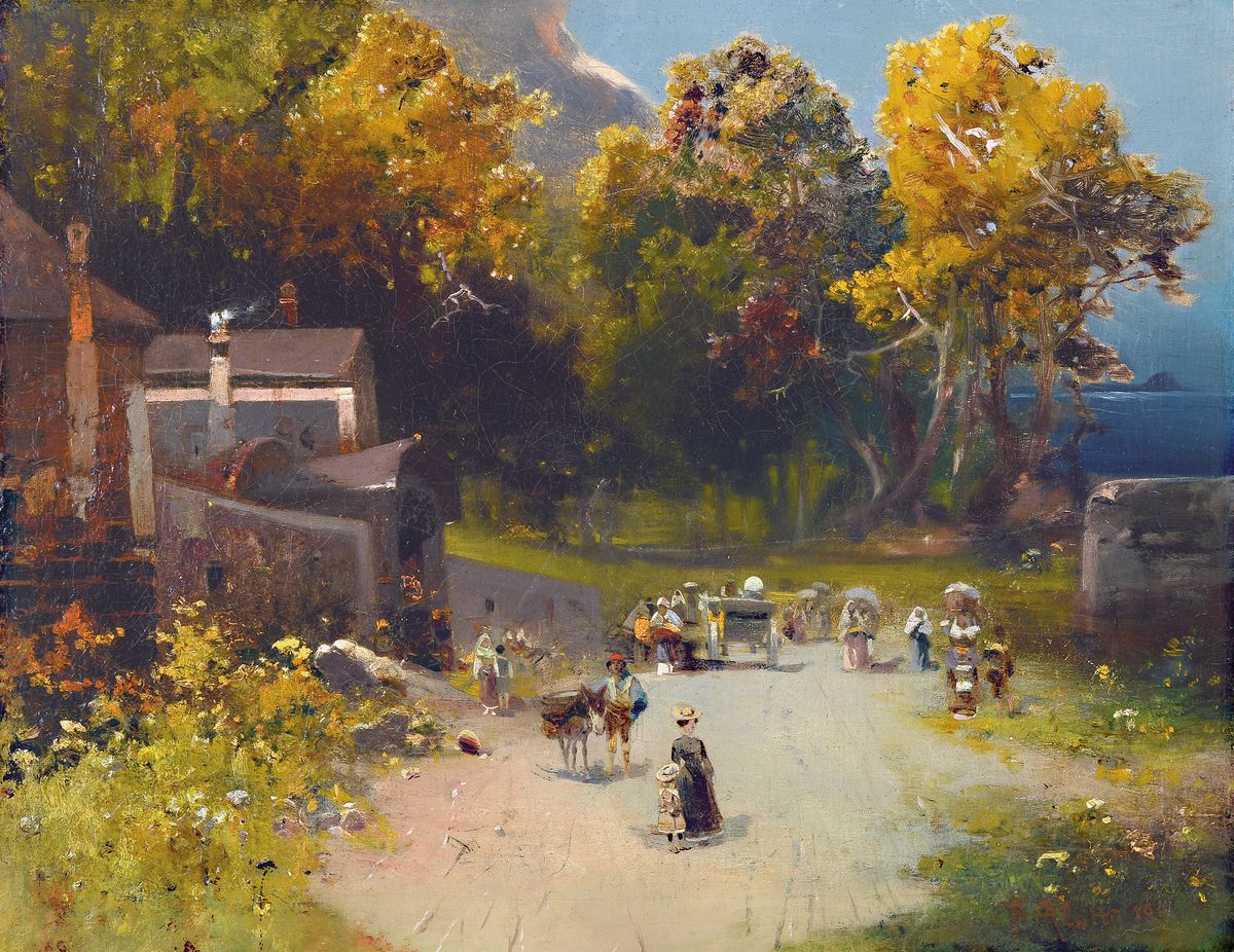 Robert Alott, 1850 Graz-1910 Wien, ländliche Straßenszene nördlich der Alpen, rechts unten signiert, unleserlich datiert "190...", ...
