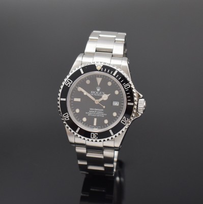 Image ROLEX Sea-Dweller 4000 gents wristwatch reference 16600, Switzerland, self winding, screwed down Oyster-case in stainless steel including bracelet with deployant clasp, unidirectional revolving bezel, black dial with luminous indices, luminous hands, date, diameter approx. 40 mm, length approx. 20 cm, condition 2