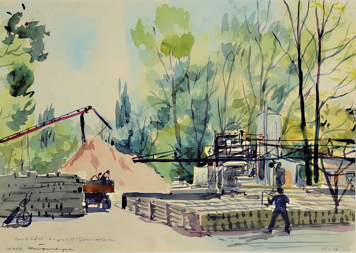 Karl Hufnagel, 1906 Harthausen-1995 Speyer, 2 Aquarelle, "Werk Lösel - Lingenfeld/Germersheim", signiert und datiert 1957, Aquarell zum ...