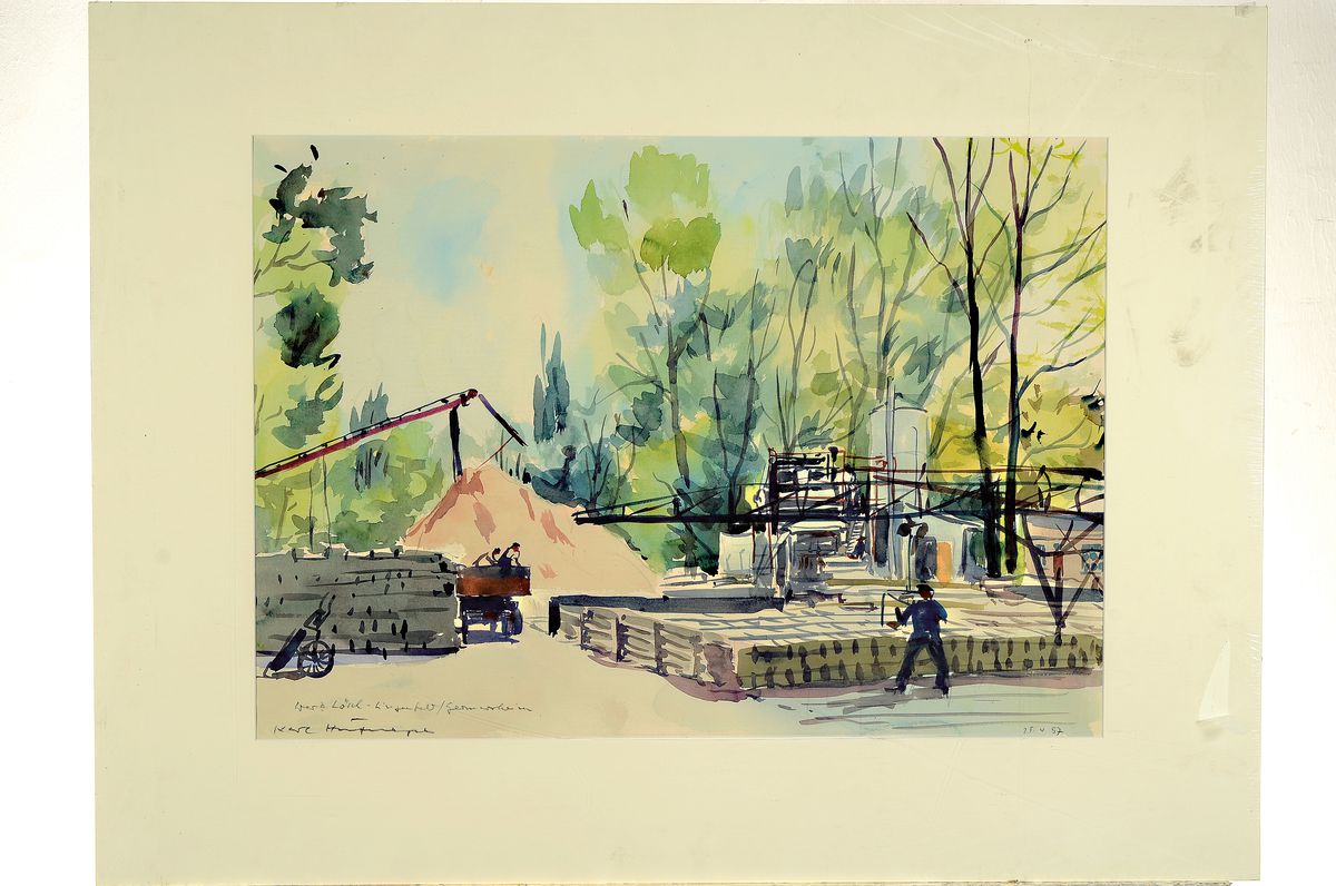 Detail k: Karl Hufnagel, 1906 Harthausen-1995 Speyer, 2 Aquarelle, "Werk Lösel - Lingenfeld/Germersheim", signiert und datiert 1957, Aquarell zum ...