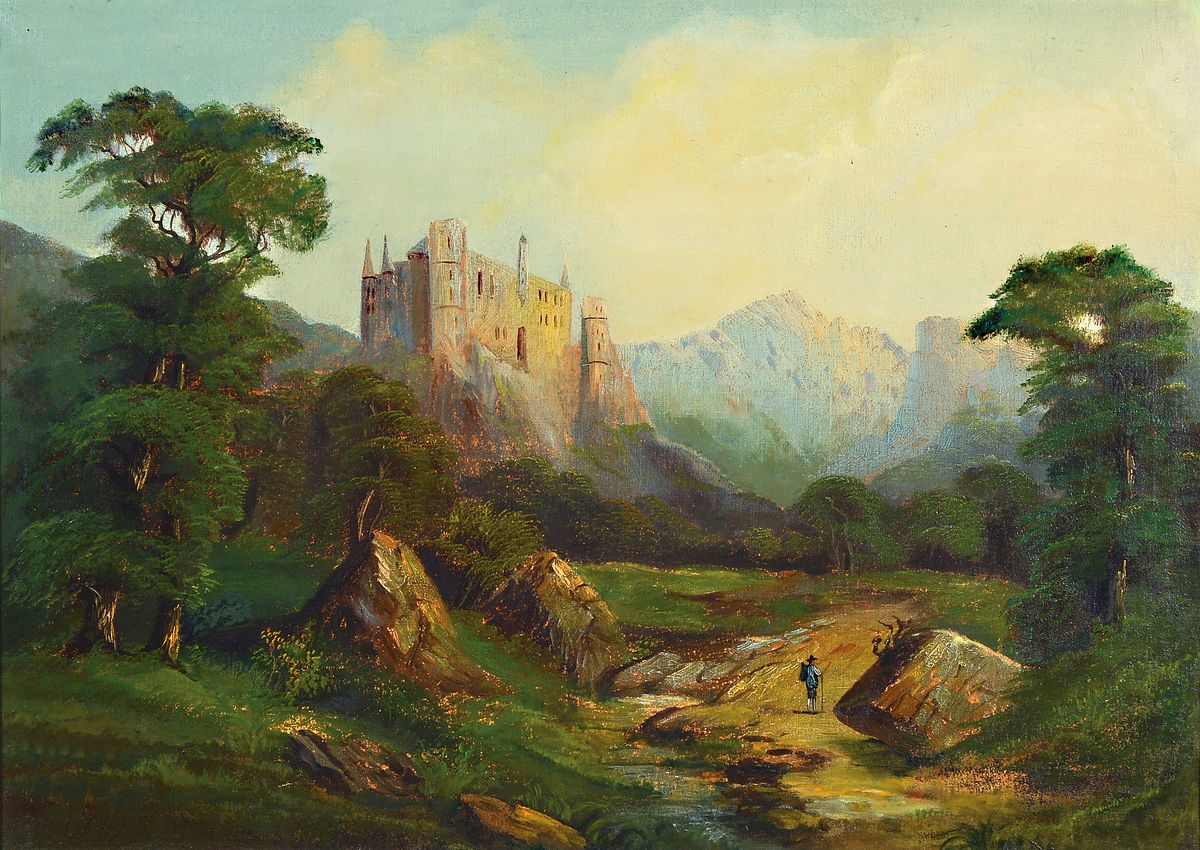 Unbekannter, wohl englischer Maler, um 1860/ 70, romantische Landschaft mit Burg und Figuren, Öl/Lwd, 46 x 85 cm, rest., 60 x 80 cm
