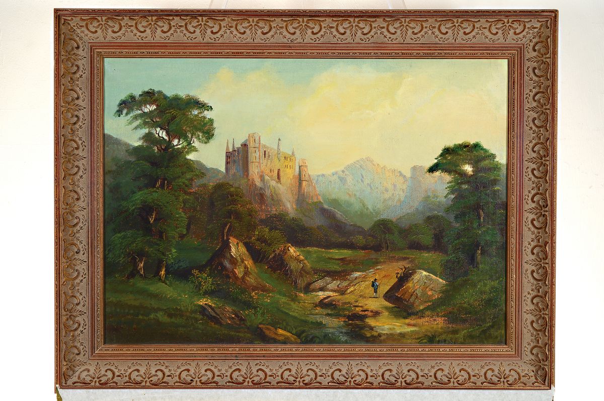 Detail k: Unbekannter, wohl englischer Maler, um 1860/ 70, romantische Landschaft mit Burg und Figuren, Öl/Lwd, 46 x 85 cm, rest., 60 x 80 cm