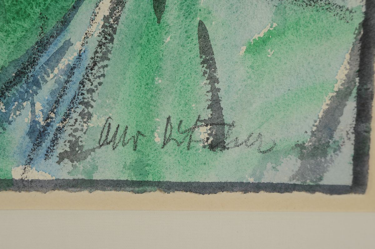 Detail a: Otto Ditscher, 1903-1987 Neuhofen, Aquarell und Kreide auf Papier, Parklandschaft mit markantem Brunnen, vorne zwei Personen beim Füttern von ...