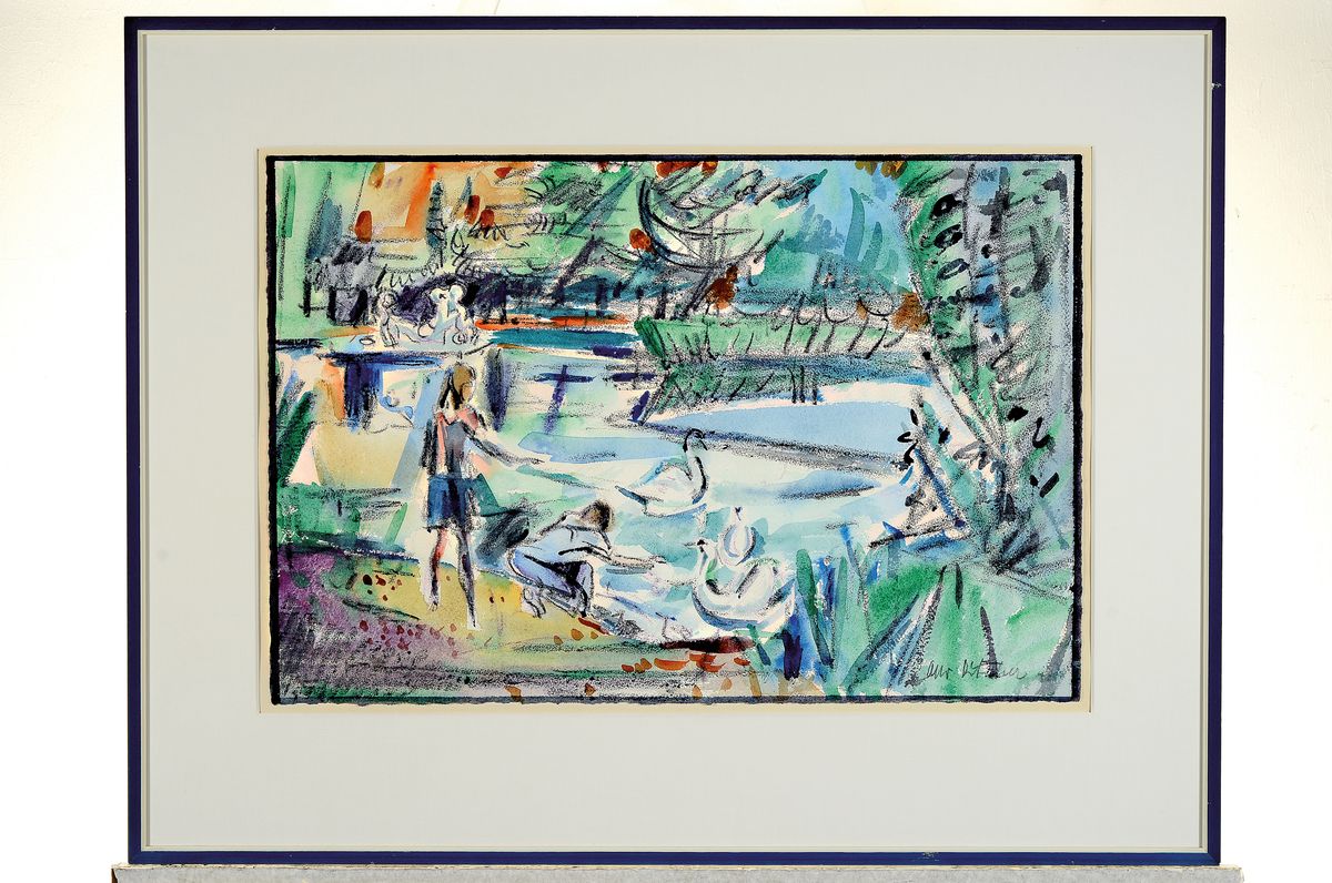 Detail k: Otto Ditscher, 1903-1987 Neuhofen, Aquarell und Kreide auf Papier, Parklandschaft mit markantem Brunnen, vorne zwei Personen beim Füttern von ...