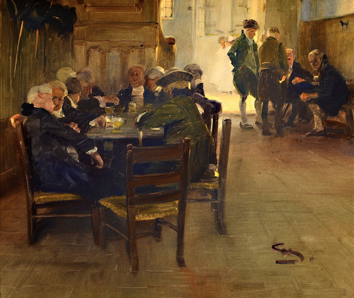 Wilhelm Schreuer, 1866 Wesel-1933 Düsseldorf, Stammtisch Interieur mit zwei Herrengruppen, dunkler vertäfelter Raum mit Blick in die hell ...