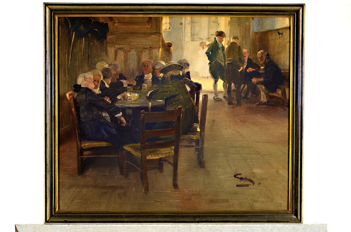 Detail k: Wilhelm Schreuer, 1866 Wesel-1933 Düsseldorf, Stammtisch Interieur mit zwei Herrengruppen, dunkler vertäfelter Raum mit Blick in die hell ...