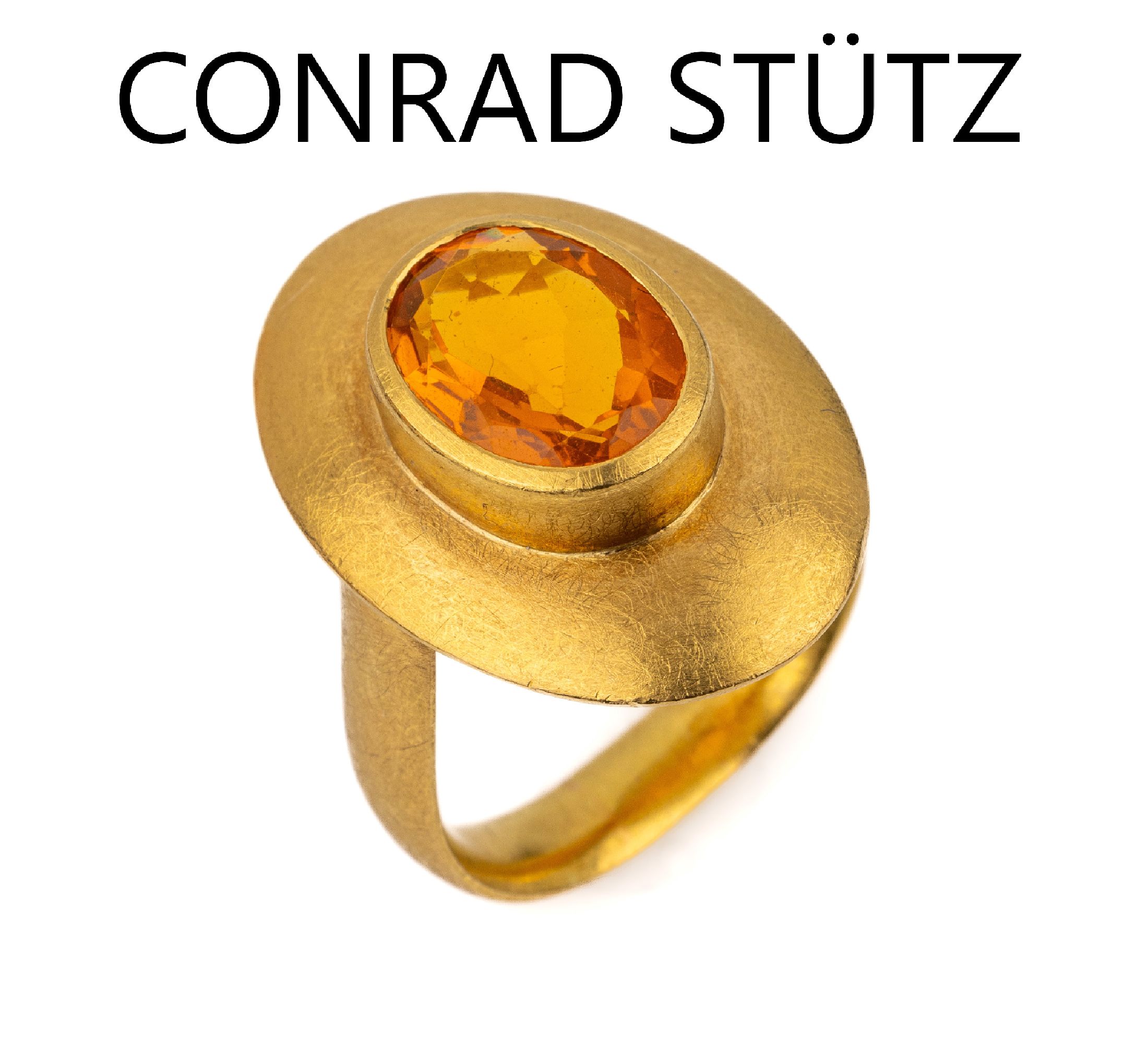 21.6 kt Gold Designer Feueropal-Ring, GG 900/000, ovalfacett. Feueropal, ca. 24.6 g,Meistermarke CONRAD STÜTZ/Schwäbisch-Gmünd, RW67