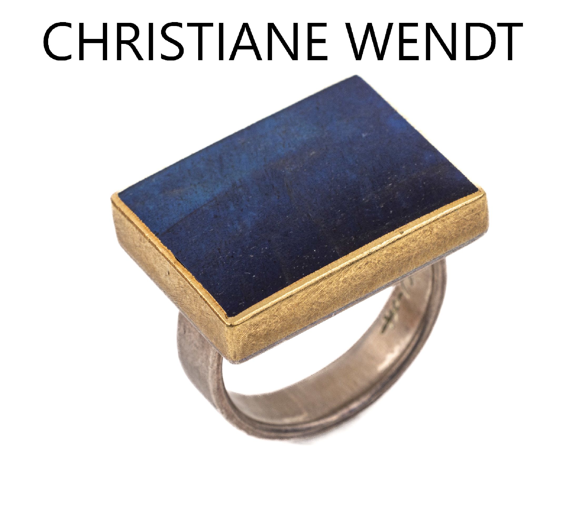 Silber Designer-Ring mit Bergkristall, 925er Silber und GG, Meistermarke CHRISTIANE WENDT, Bergkristall Carree blau foliert, verbödet, ...
