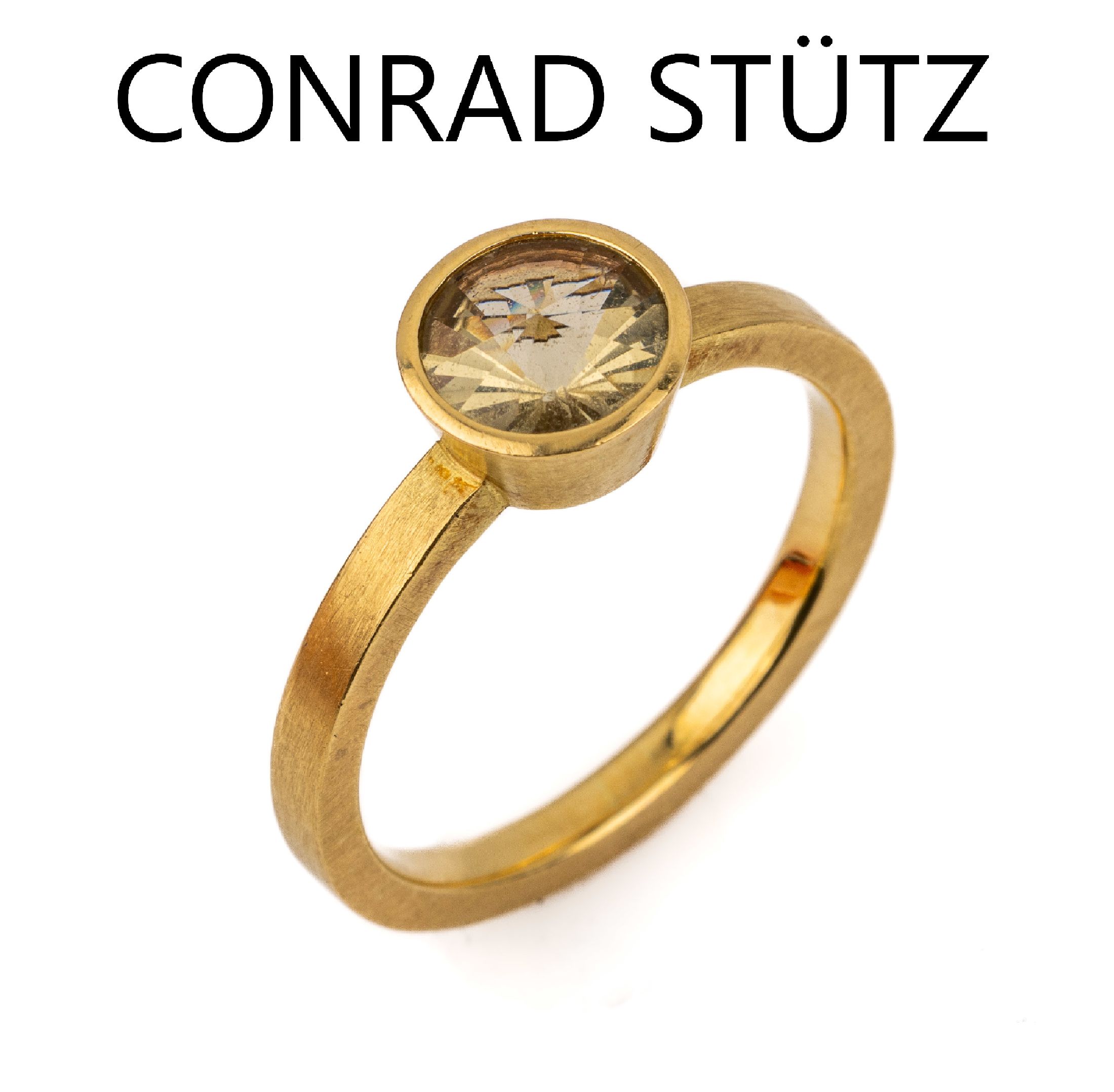 18 kt Gold Designer Citrin-Ring, GG 750/000, Meistermarke CONRAD STÜTZ, Schwäbisch-Gmünd, runder Lemon-Citrin im Bufftop Schliff, ca. 6.8 g, RW 64