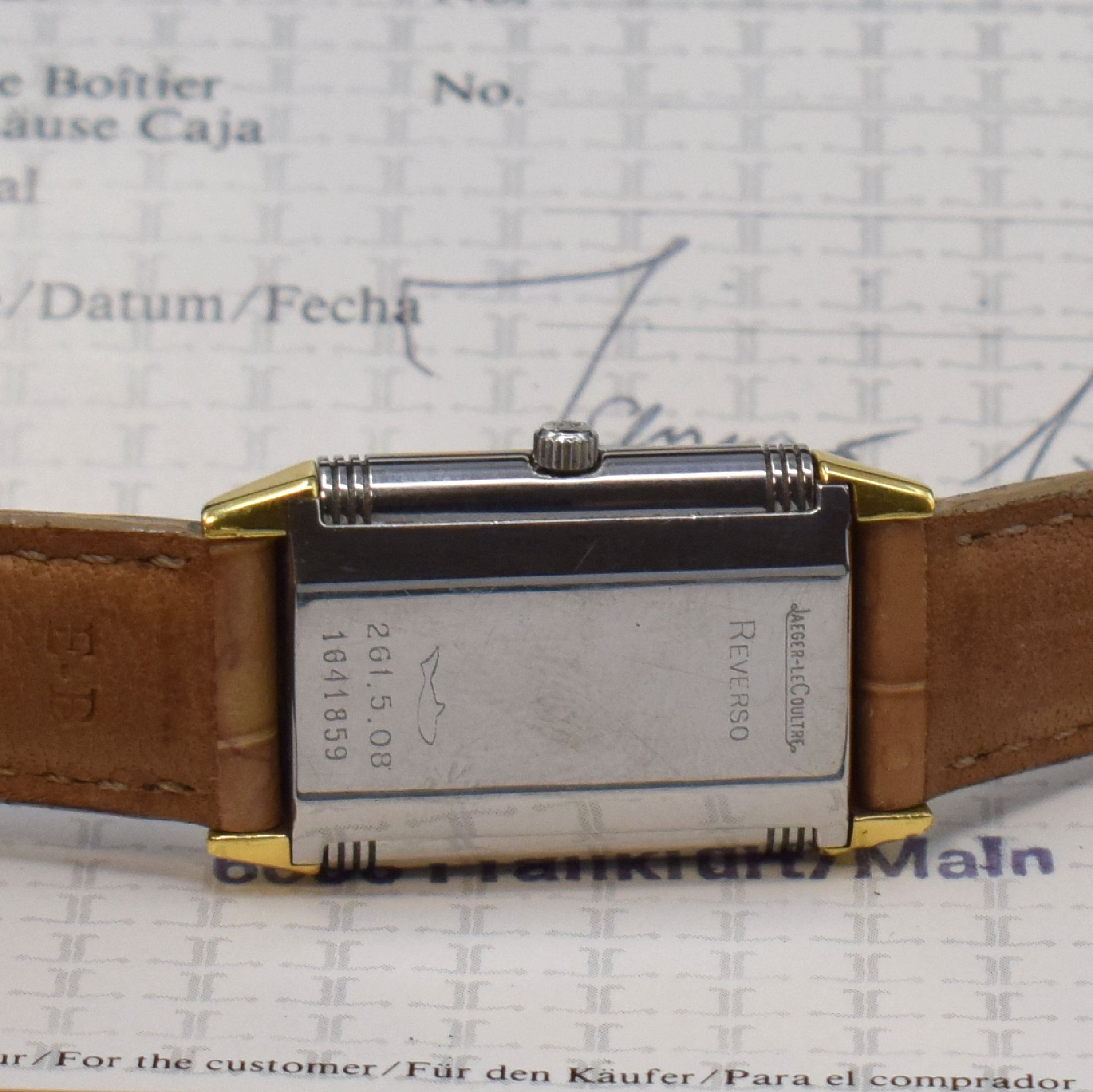 Detail f: Jaeger-LeCoultre Reverso Damenarmbanduhr in Edelstahl und Gold Referenz 261.5.08, Schweiz um 1995, quarz, drehbares Wendegehäuse, Rückseite m. ...