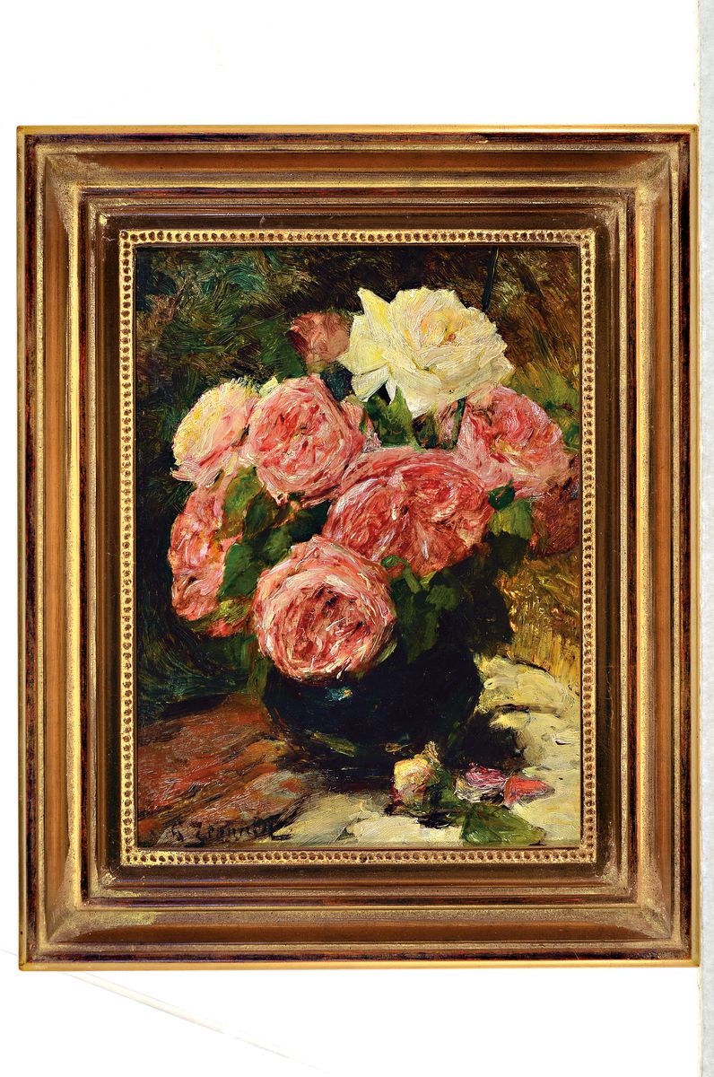Detail k: Georges Jeannin, 1841-1925 Paris, Stillleben mit Pfingstrosen und Rosen, links unten signiert, Öl/Holz, 33x24 cm, Rahmen 42x33 cm; Stilllebenmaler, ...