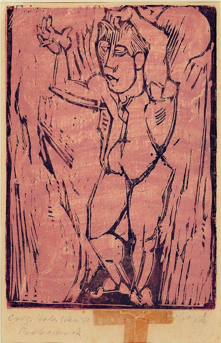 Alois Erbach, 1888-1972 Wiesbaden, Holzschnitt, stehender männlicher Akt, um 1920, Probedruck, bräunliches Japanpapier, bez. und signiert, unter ...