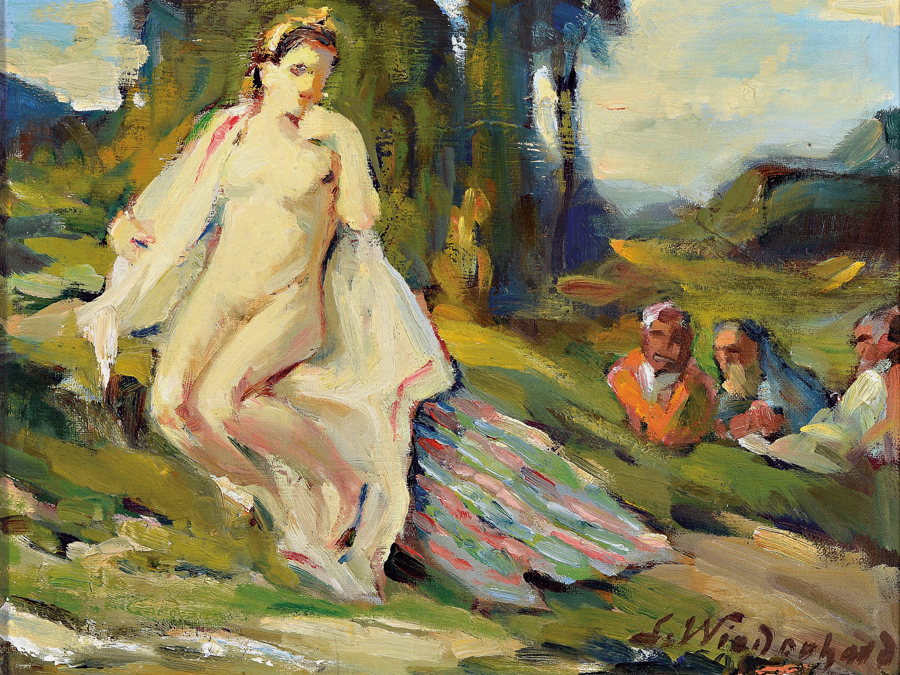 Carl Wiederhold, 1863 Hannover-1961 Bückeburg , Bathseba beim Bade, eingebettet in Landschaft, Öl/Malkarton, Rahmen 33x41 cm; Ausbildung am ...