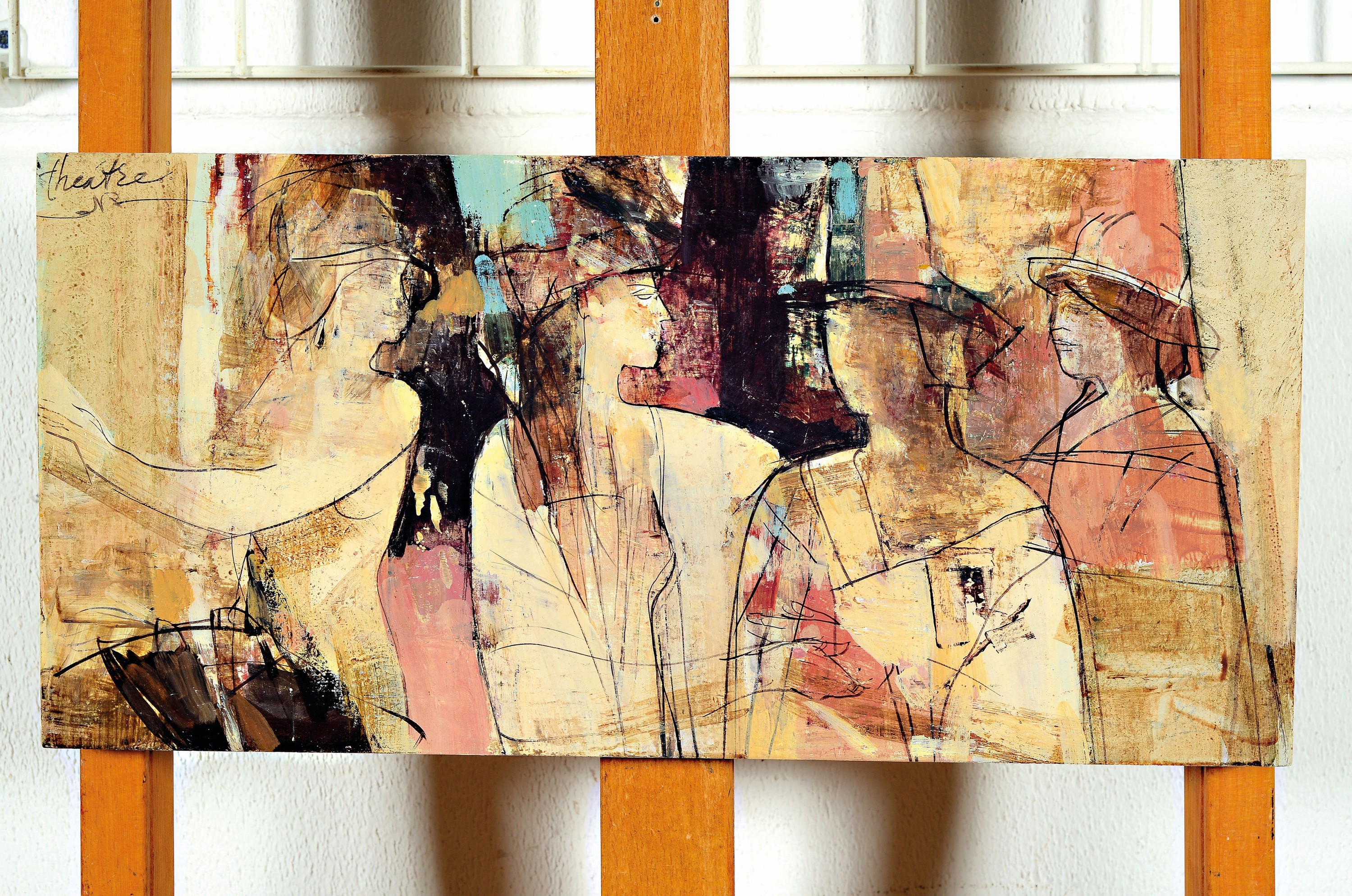 Detail k: Paul de Roos, 3 Arbeiten Öl/Holz, zwei stehende Figuren in antikisierender Tracht, eine Figurengruppe, signiert, je 48x20bzw 1x 20x48 cm