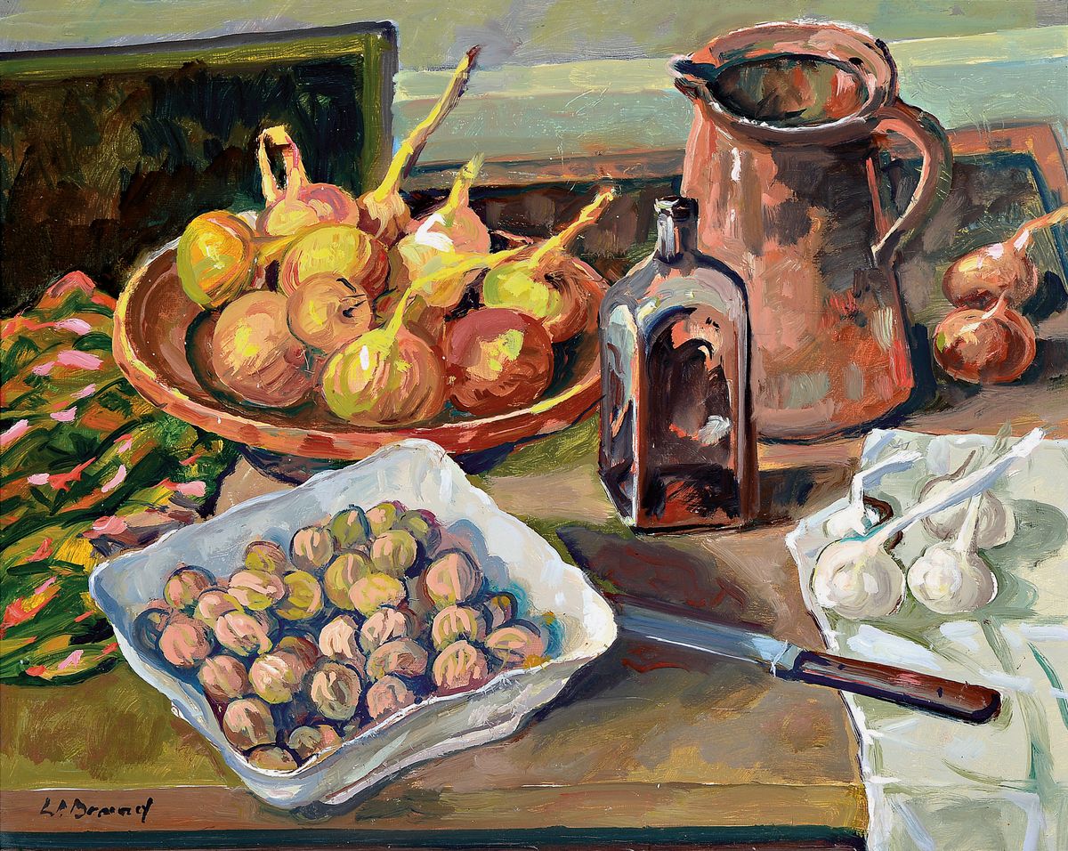 Werner Brand, geb. 1933, Stillleben mit Zwiebeln, Nüssen und Knoblauch, Öl/Malkarton, links unten signiert, ca. 40x50cm, R. ca. 48x58cm