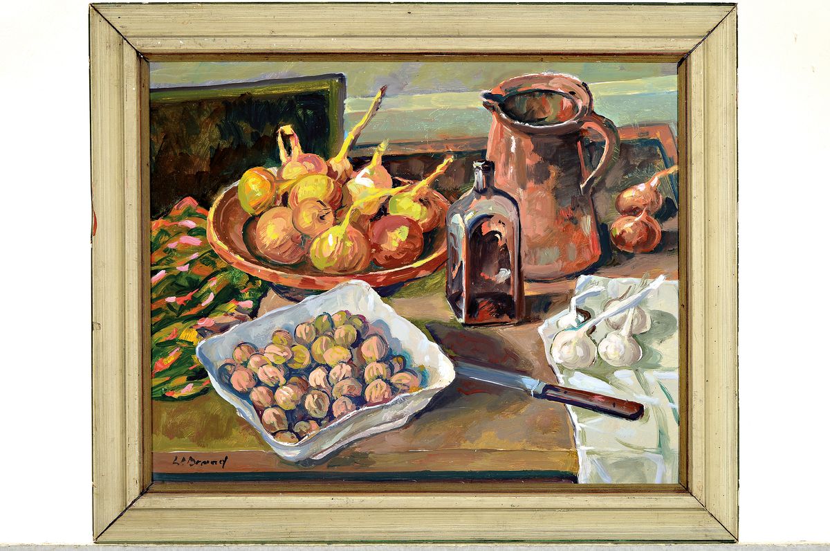 Detail k: Werner Brand, geb. 1933, Stillleben mit Zwiebeln, Nüssen und Knoblauch, Öl/Malkarton, links unten signiert, ca. 40x50cm, R. ca. 48x58cm