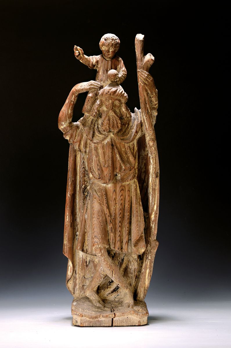 Heiligenfigur, Christopherus, 19.Jh., Holz geschnitzt, Fassung entfernt, holzsichtig, Alterssp., H. 62 cm