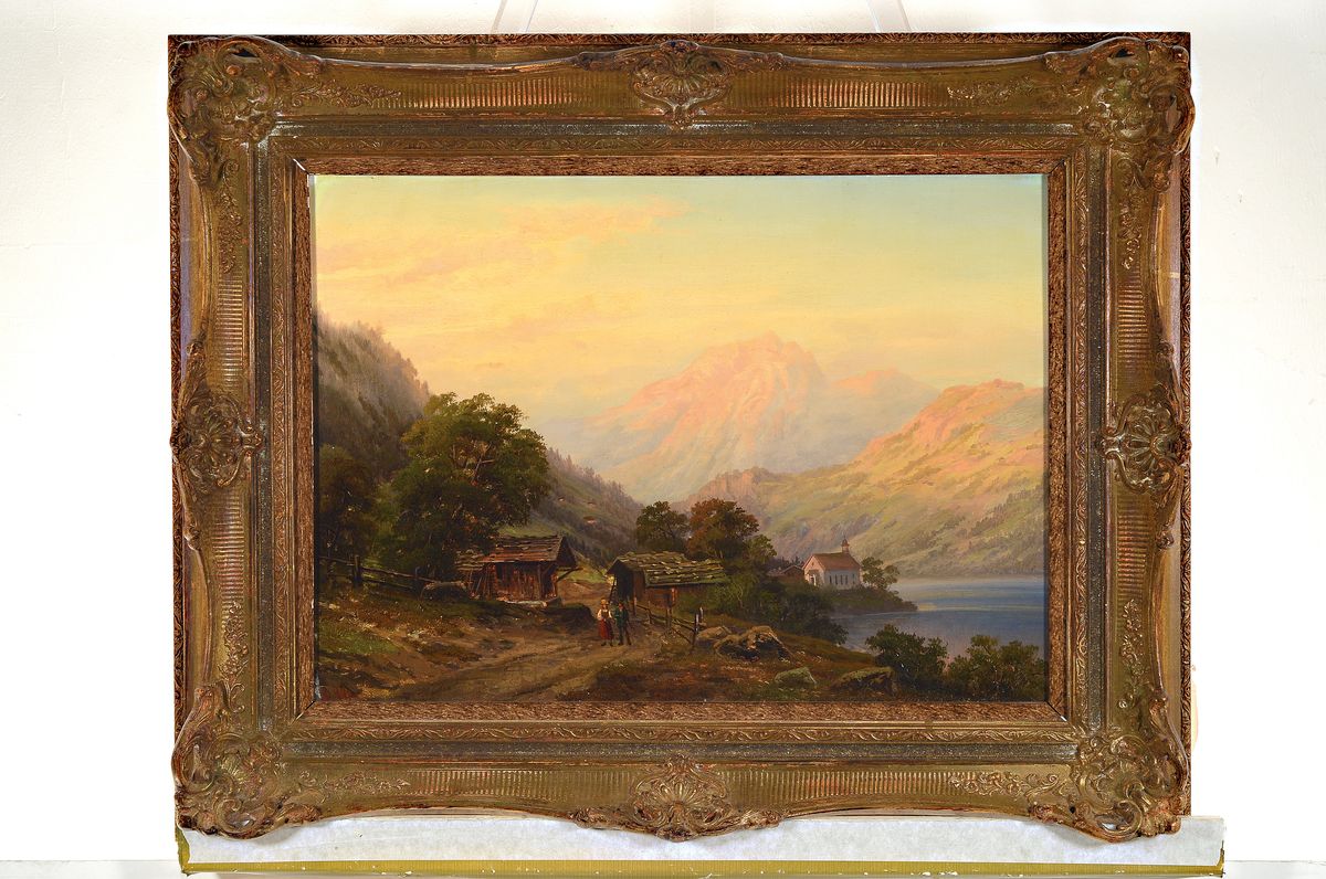 Detail k: Adolf Chevalier, 1831 Crossen an der Oder - 1907 Berlin, Partie am Vierwaldstädter See, Öl/Lwd, ca. 41 x 58 cm, 61 x 77 cm, Prunkrahmen