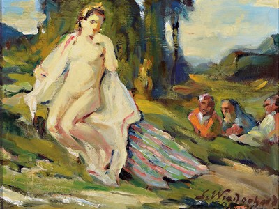 Image 26703948 - Carl Wiederhold, 1863 Hanover-1961 Bückeburg, Bathsheba bathing, embedded in landscape, oil/painting board, frame 33x41 cm; Training at the Hannover trade association, studies at the TH Hannover, among others with Kaulbach