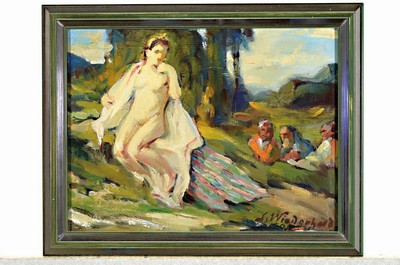 26703948k - Carl Wiederhold, 1863 Hanover-1961 Bückeburg, Bathsheba bathing, embedded in landscape, oil/painting board, frame 33x41 cm; Training at the Hannover trade association, studies at the TH Hannover, among others with Kaulbach
