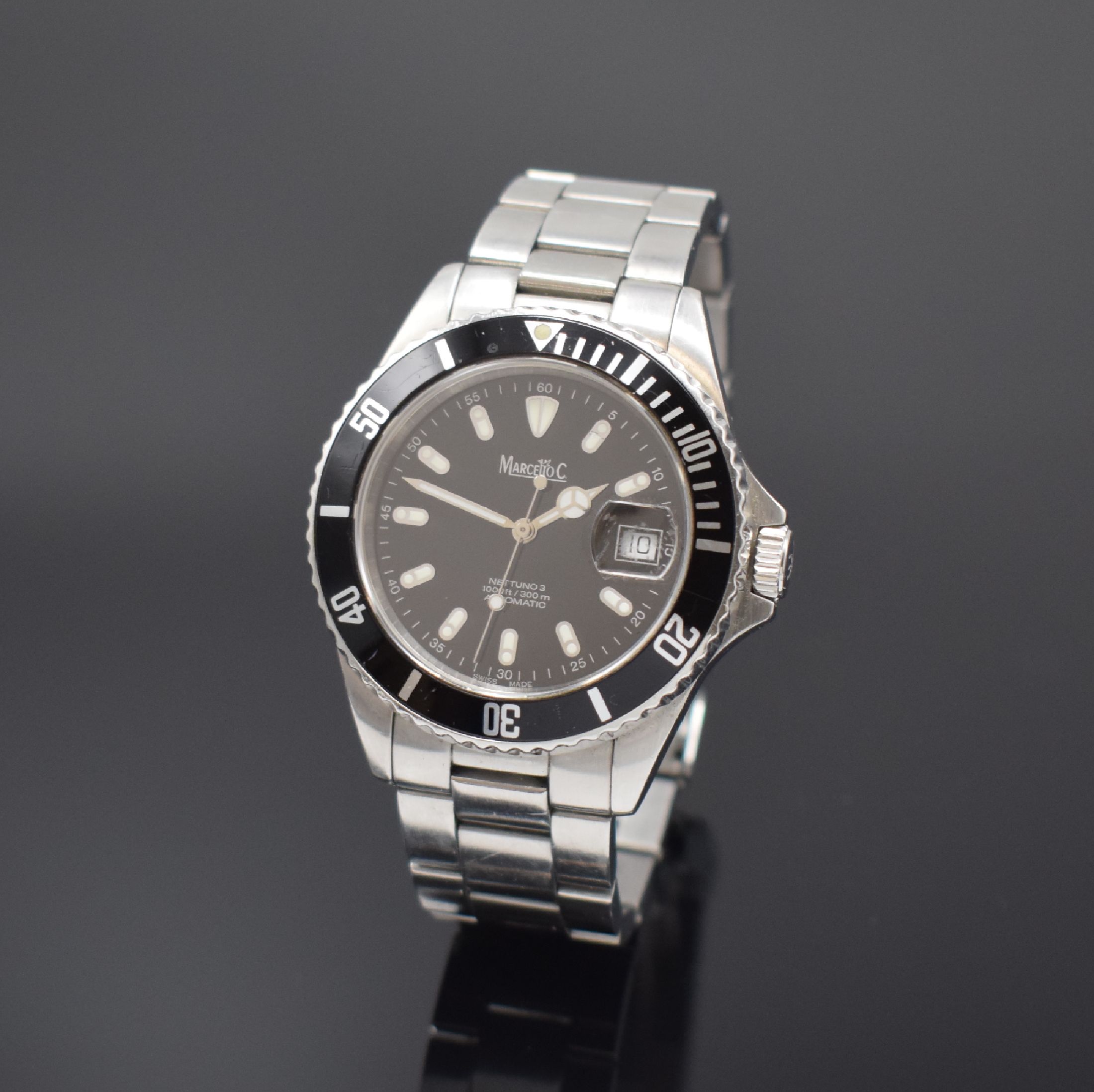 MARCELLO C Herrenarmbanduhr Nettuno 3 in Stahl Referenz 2007/A, Schweiz um 2010, Automatik, orig. Gliederband m. Faltschl., Boden u. Krone verschr., ...