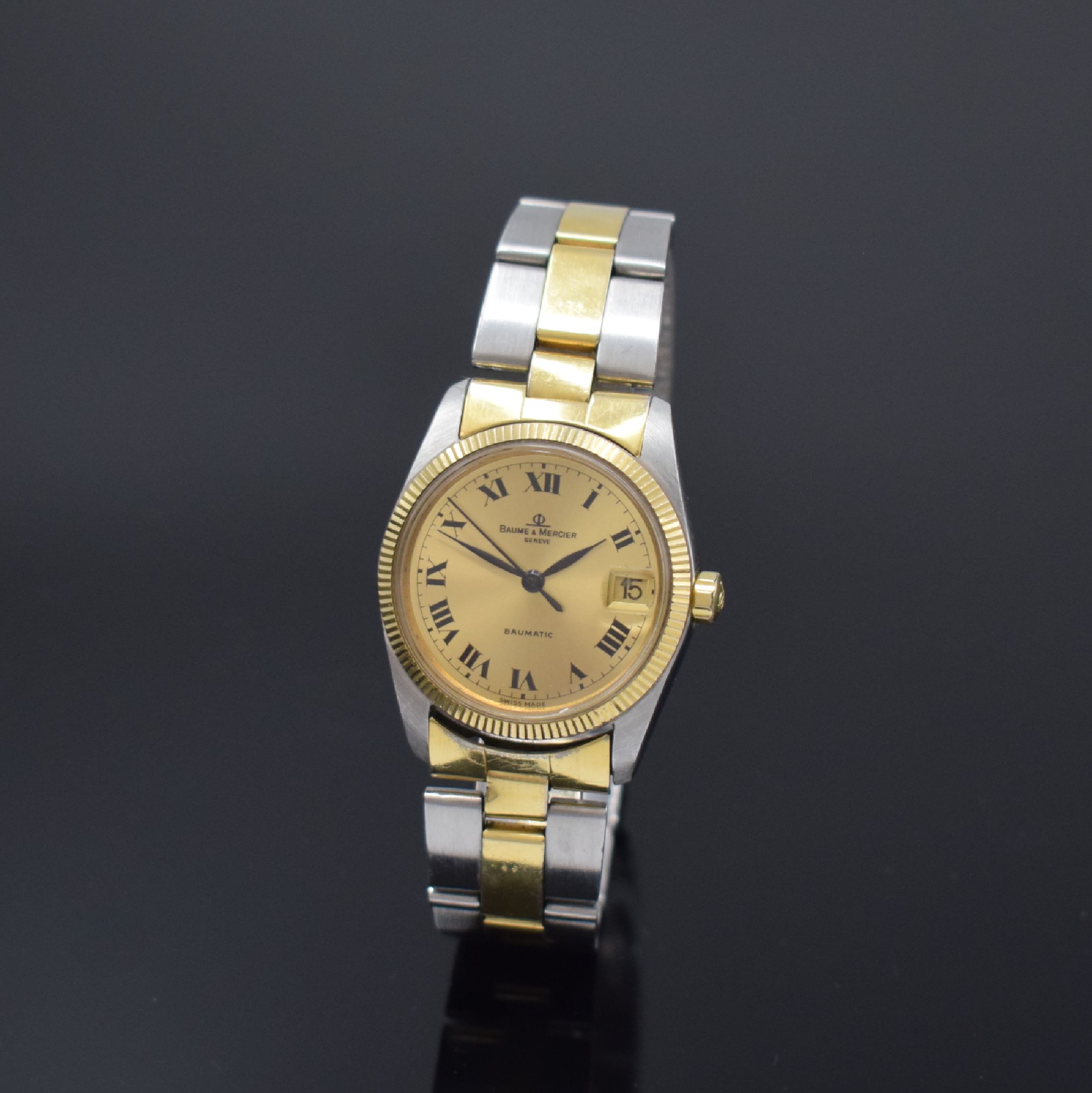 BAUME & MERCIER Baumatic Armbanduhr Referenz 1187 in Stahl/Gold, Schweiz um 1970, Automatik, 2-teil. Geh., Boden geschr., orig. Gliederband m. ...