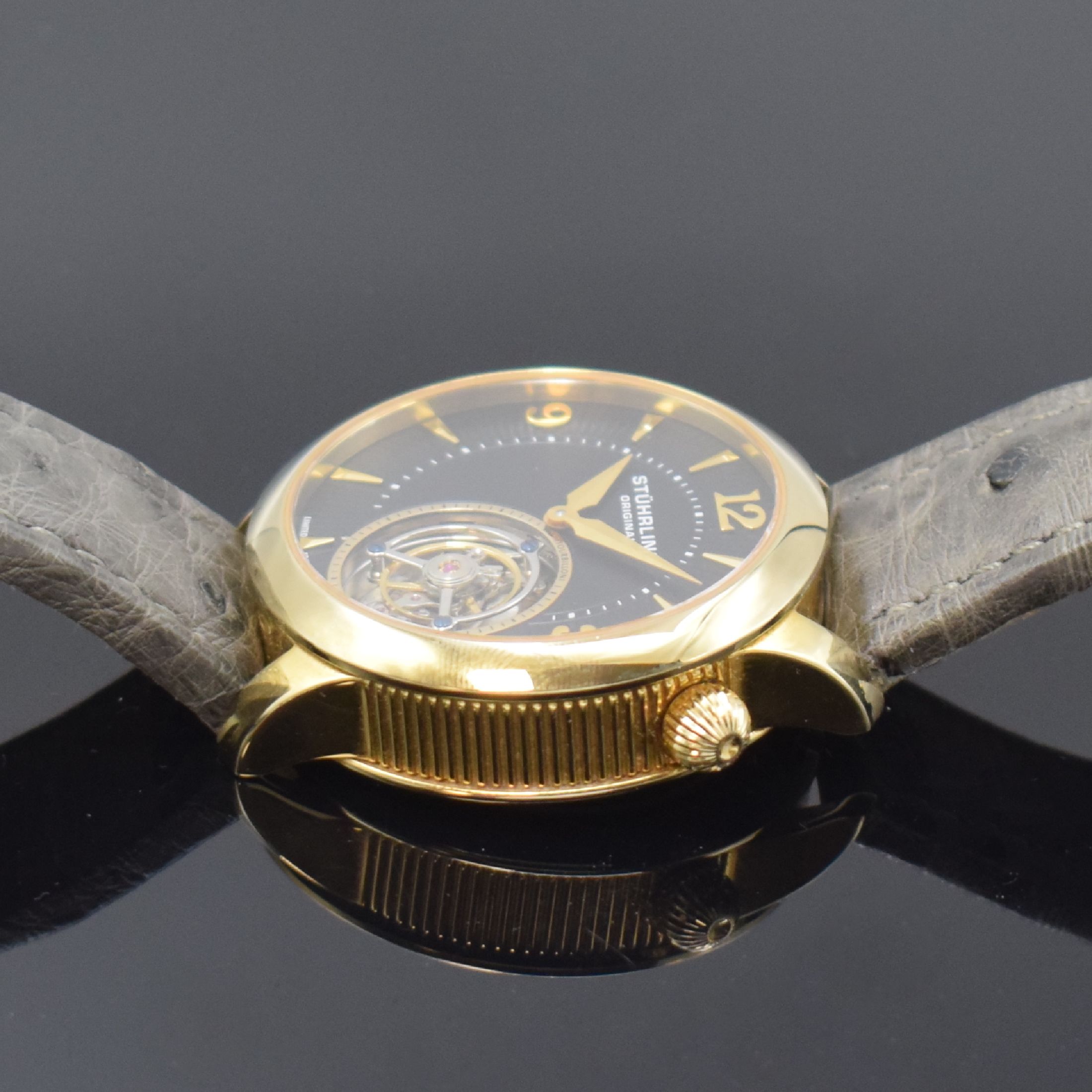 Detail c: STÜHRLING auf 75 Stück limitiertes Armbandtourbillon, Schweiz um 2015, Handaufzug, verg. Geh. beids. vergl., Boden verschr., neutr. Lederband m. ...