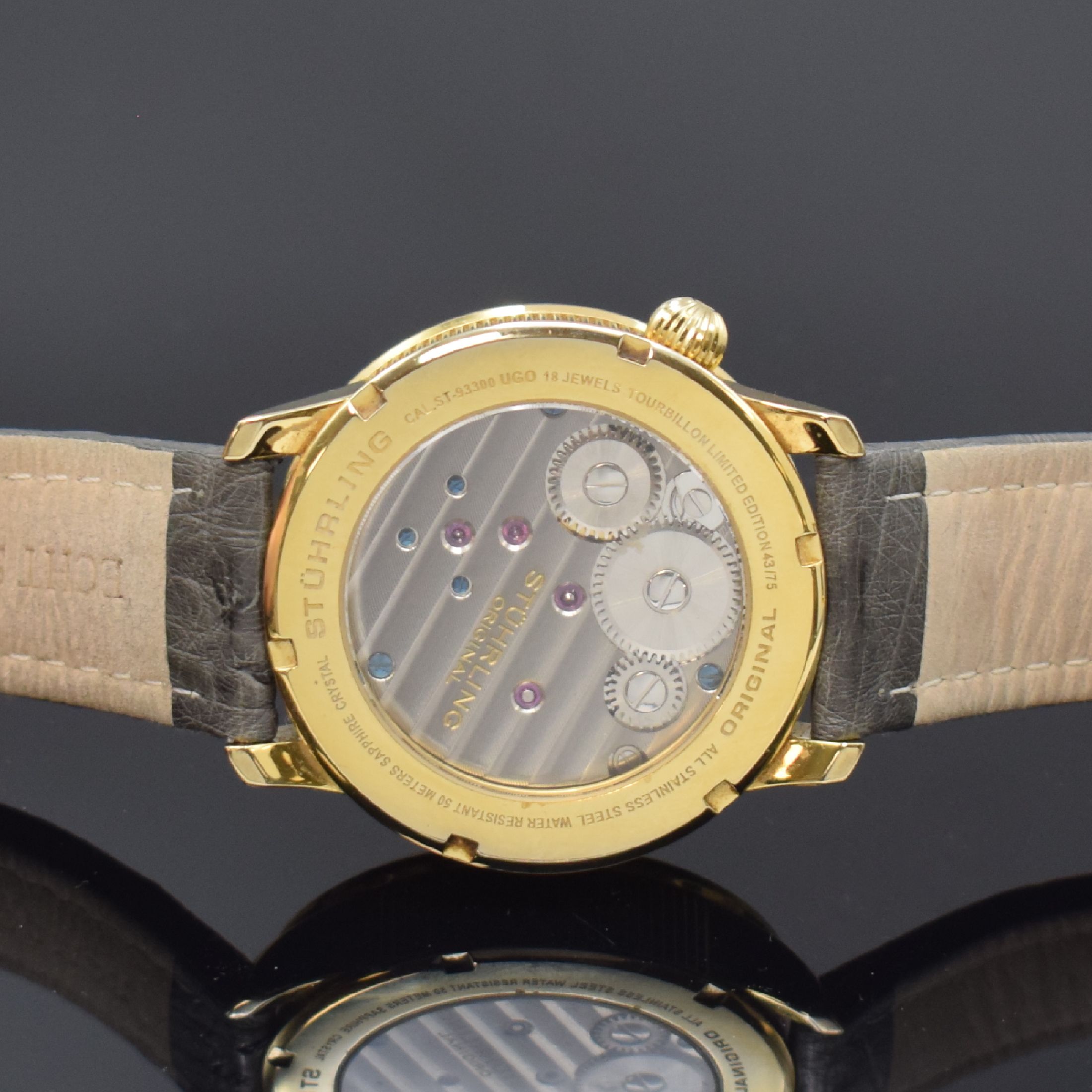 Detail d: STÜHRLING auf 75 Stück limitiertes Armbandtourbillon, Schweiz um 2015, Handaufzug, verg. Geh. beids. vergl., Boden verschr., neutr. Lederband m. ...