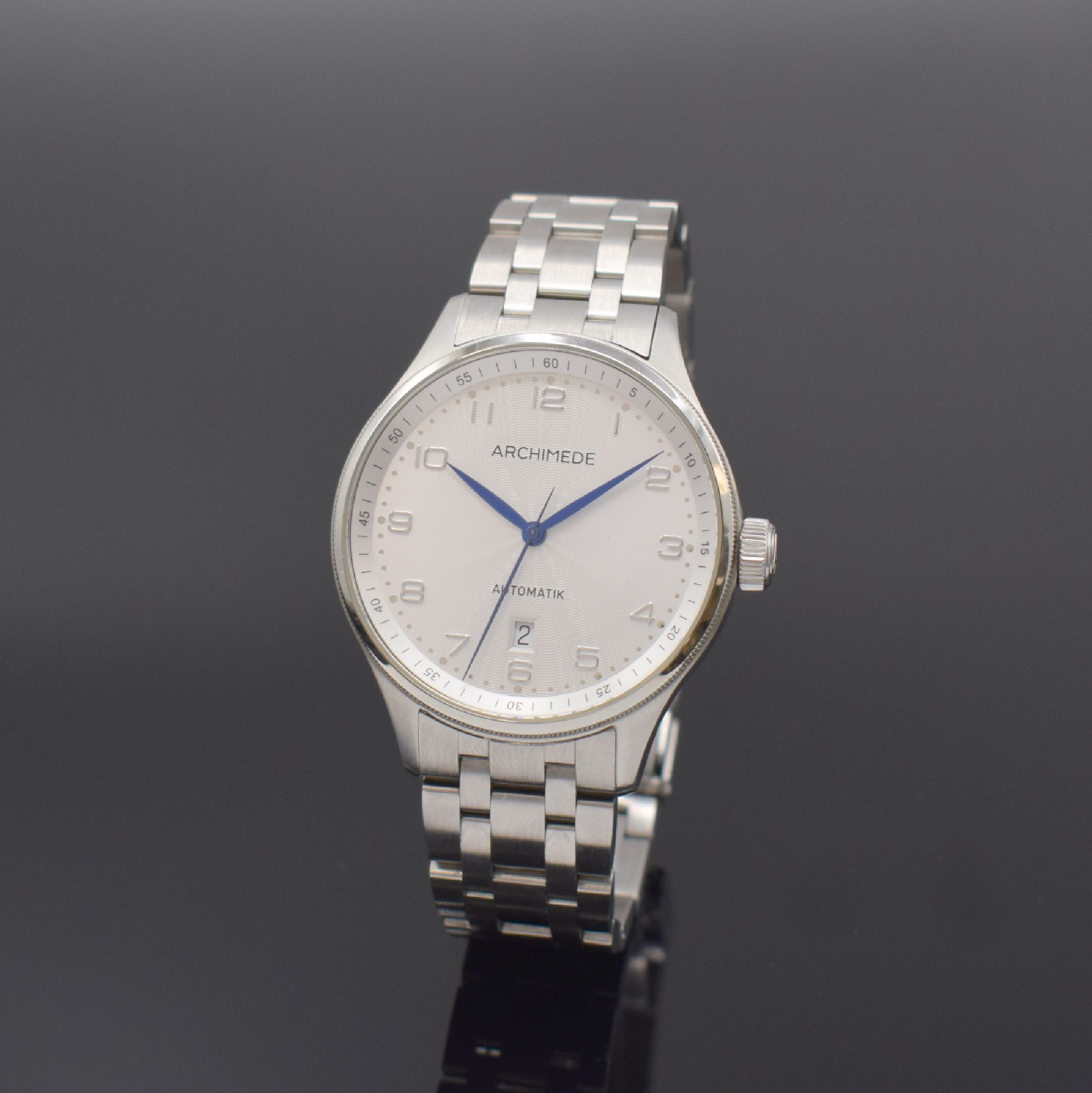 ARCHIMEDE Herrenarmbanduhr in Stahl, Deutschland um 2015, Automatik, beids. vergl. Geh., Saphirgl., Boden verschr., orig. Stahlband m. Faltschl., ...