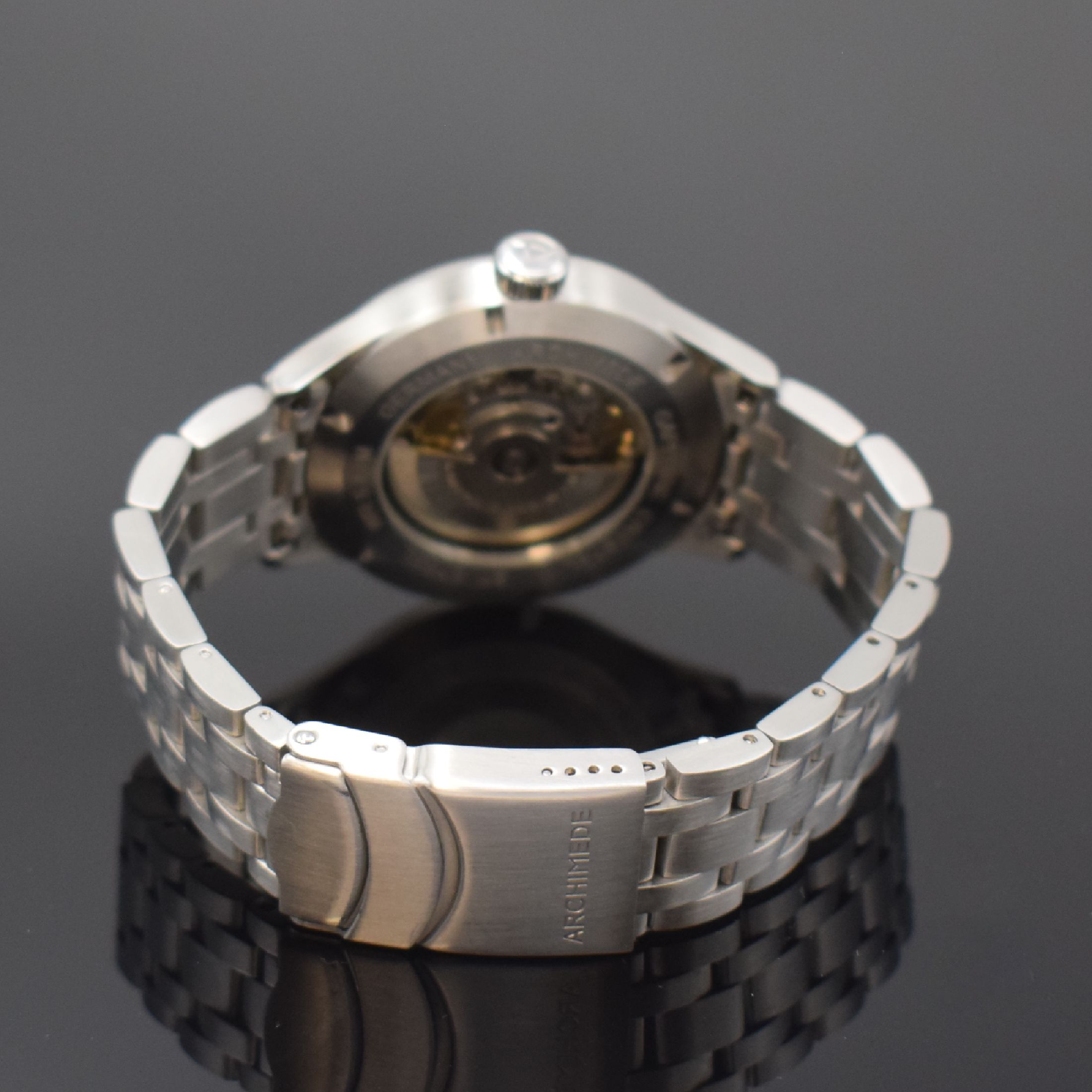 Detail b: ARCHIMEDE Herrenarmbanduhr in Stahl, Deutschland um 2015, Automatik, beids. vergl. Geh., Saphirgl., Boden verschr., orig. Stahlband m. Faltschl., ...